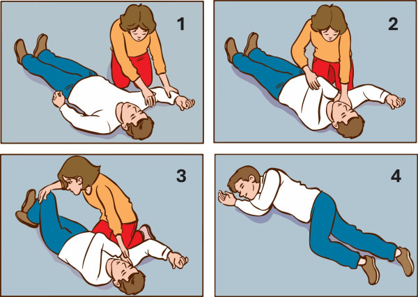 Four images showing a woman rolling an unconscious man onto his side into the recovery position.
